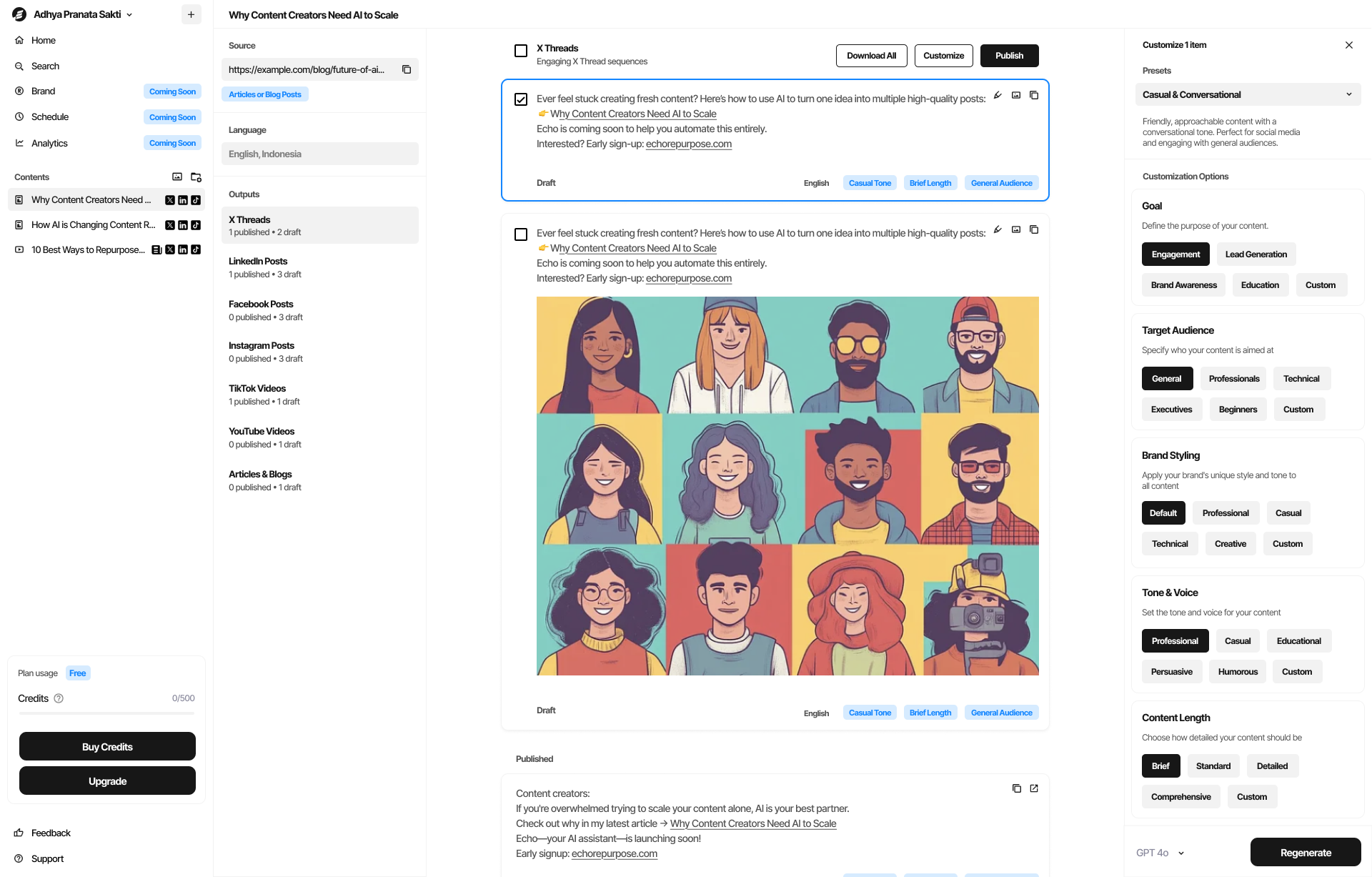 Echo product interface showing content repurposing